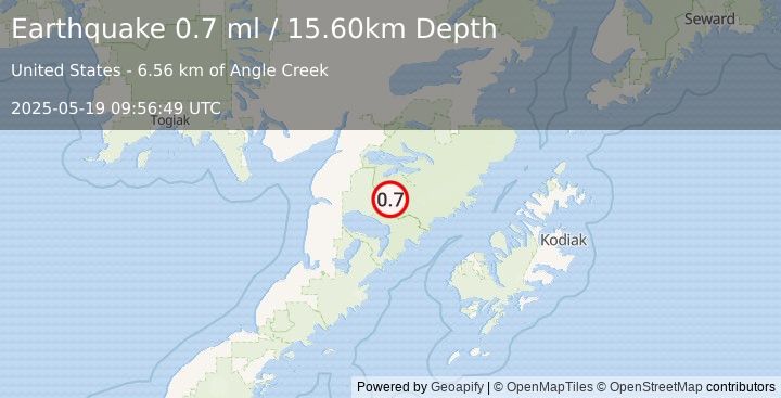 Earthquake 67 km SE of King Salmon, Alaska (0.7 ml) (2025-05-19 09:56:49 UTC)