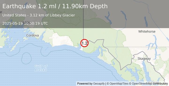 Earthquake 96 km NW of Yakutat, Alaska (1.2 ml) (2025-05-19 10:50:19 UTC)