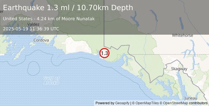 Earthquake 89 km NW of Yakutat, Alaska (1.3 ml) (2025-05-19 11:36:39 UTC)