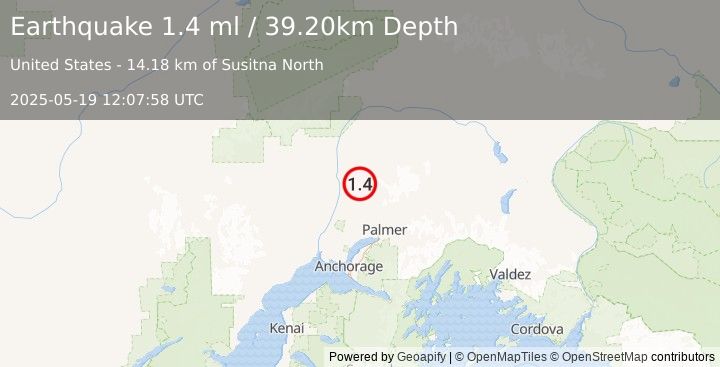 Earthquake 14 km SE of Susitna North, Alaska (1.4 ml) (2025-05-19 12:07:58 UTC)