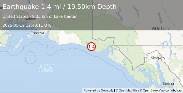 Earthquake 87 km WNW of Yakutat, Alaska (1.4 ml) (2025-05-19 12:40:11 UTC)