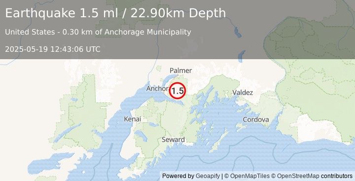 Earthquake 22 km ESE of Elmendorf Air Force Base, Alaska (1.5 ml) (2025-05-19 12:43:06 UTC)