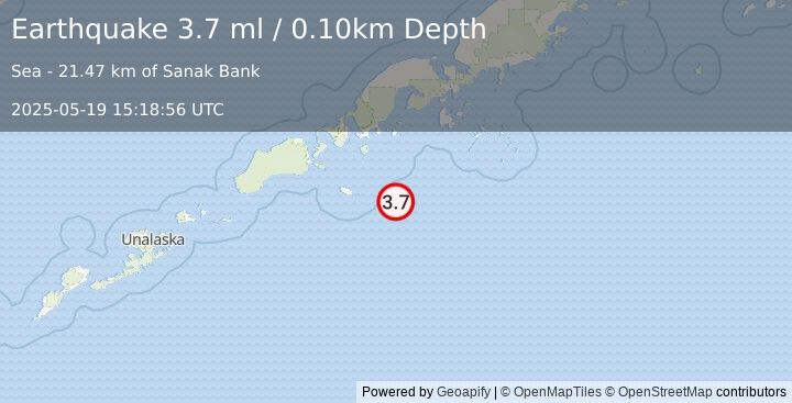 Earthquake 92 km SSE of King Cove, Alaska (3.7 ml) (2025-05-19 15:18:56 UTC)