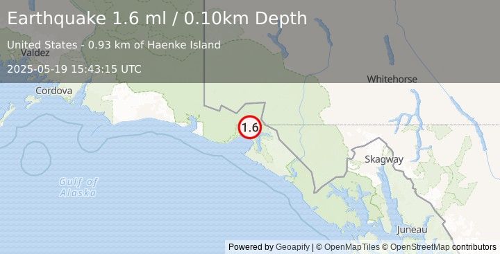 Earthquake 47 km NNE of Yakutat, Alaska (1.6 ml) (2025-05-19 15:43:15 UTC)