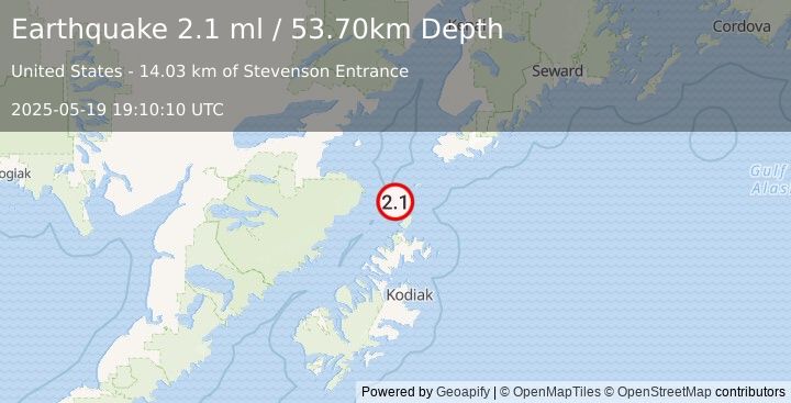Earthquake 78 km SSW of Nanwalek, Alaska (2.1 ml) (2025-05-19 19:10:10 UTC)