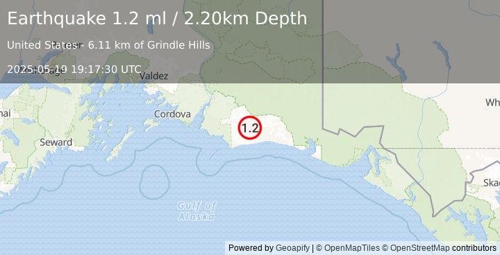 Earthquake 124 km S of McCarthy, Alaska (1.2 ml) (2025-05-19 19:17:30 UTC)