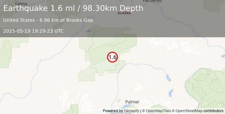 Earthquake 65 km NNE of Petersville, Alaska (1.6 ml) (2025-05-19 19:29:23 UTC)
