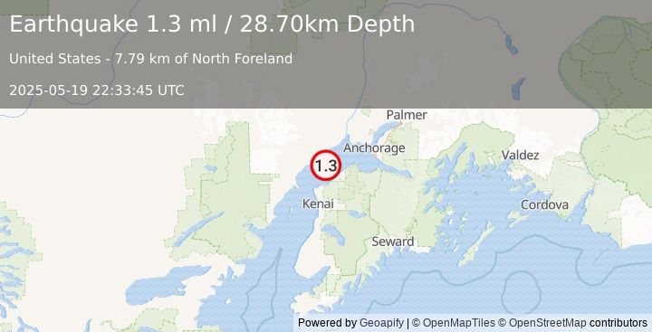 Earthquake 8 km SSE of Tyonek, Alaska (1.3 ml) (2025-05-19 22:33:45 UTC)