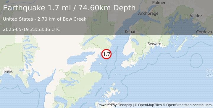 Earthquake 62 km E of Pedro Bay, Alaska (1.7 ml) (2025-05-19 23:53:36 UTC)