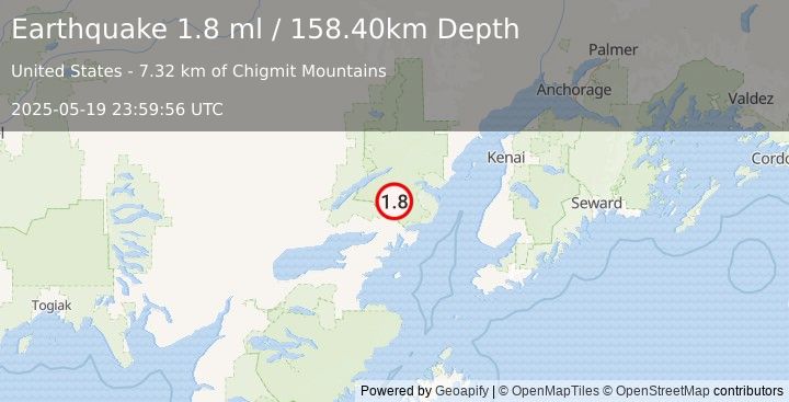 Earthquake 46 km ESE of Port Alsworth, Alaska (1.8 ml) (2025-05-19 23:59:56 UTC)