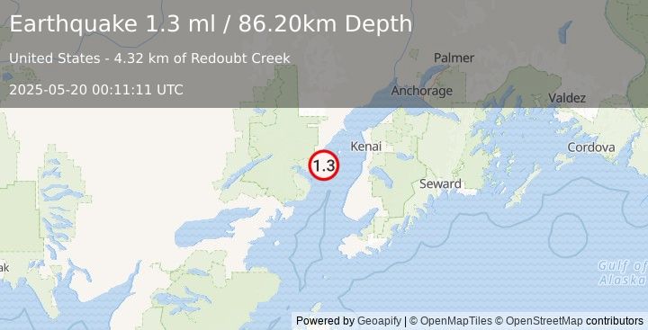 Earthquake 45 km NW of Ninilchik, Alaska (1.3 ml) (2025-05-20 00:11:11 UTC)
