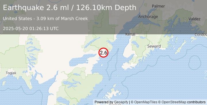 Earthquake 45 km E of Pedro Bay, Alaska (2.6 ml) (2025-05-20 01:26:13 UTC)