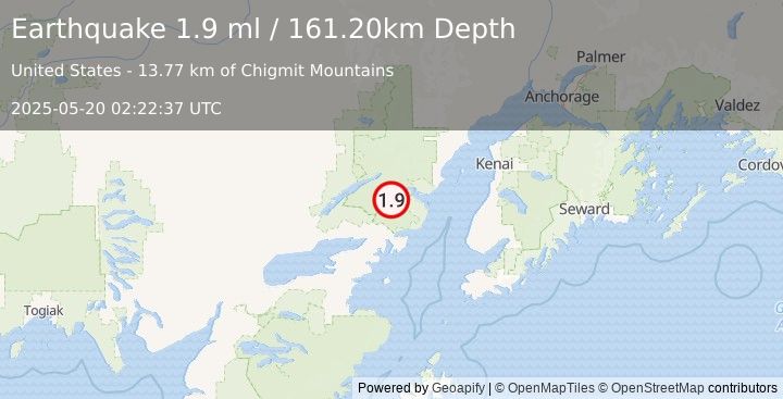 Earthquake 54 km E of Port Alsworth, Alaska (1.9 ml) (2025-05-20 02:22:37 UTC)