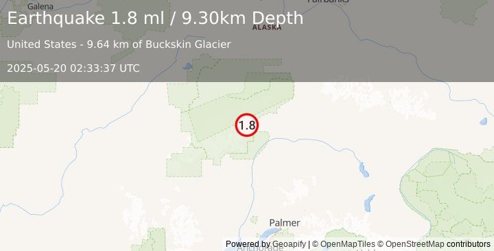Earthquake 65 km NNE of Petersville, Alaska (1.8 ml) (2025-05-20 02:33:37 UTC)