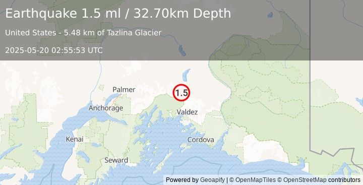 Earthquake 46 km NNW of Valdez, Alaska (1.5 ml) (2025-05-20 02:55:53 UTC)