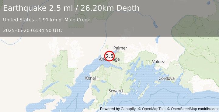 Earthquake 6 km SE of Point MacKenzie, Alaska (2.5 ml) (2025-05-20 03:34:50 UTC)
