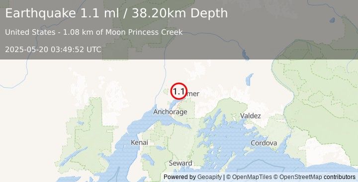 Earthquake 5 km WNW of Tanaina, Alaska (1.1 ml) (2025-05-20 03:49:52 UTC)