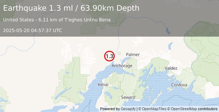 Earthquake 14 km W of Susitna, Alaska (1.3 ml) (2025-05-20 04:57:37 UTC)
