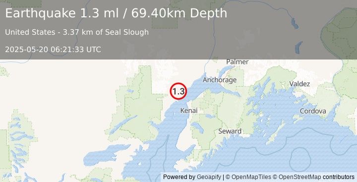 Earthquake 33 km WSW of Tyonek, Alaska (1.3 ml) (2025-05-20 06:21:33 UTC)