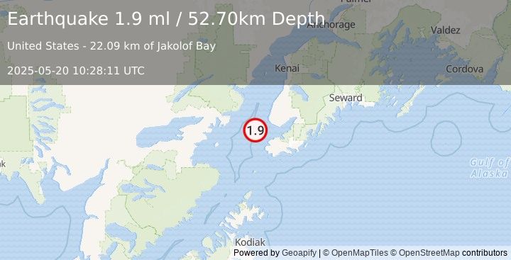 Earthquake 30 km SW of Anchor Point, Alaska (1.9 ml) (2025-05-20 10:28:11 UTC)
