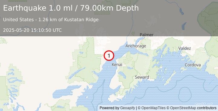 Earthquake 36 km NW of Nikiski, Alaska (1.0 ml) (2025-05-20 15:10:50 UTC)