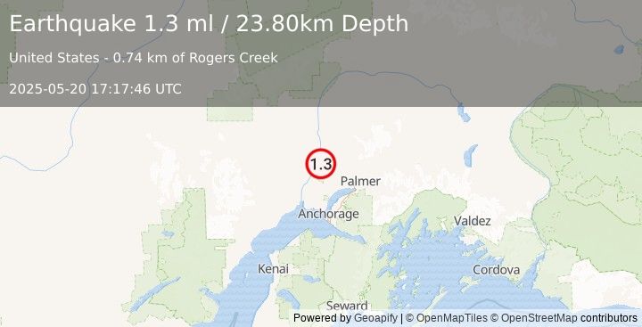 Earthquake 6 km NNW of Willow, Alaska (1.3 ml) (2025-05-20 17:17:46 UTC)