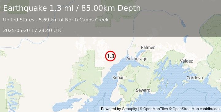 Earthquake 41 km WNW of Beluga, Alaska (1.3 ml) (2025-05-20 17:24:40 UTC)