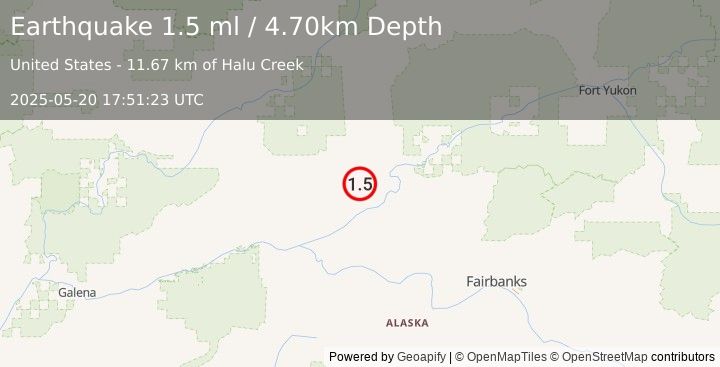 Earthquake 35 km NW of Rampart, Alaska (1.5 ml) (2025-05-20 17:51:23 UTC)