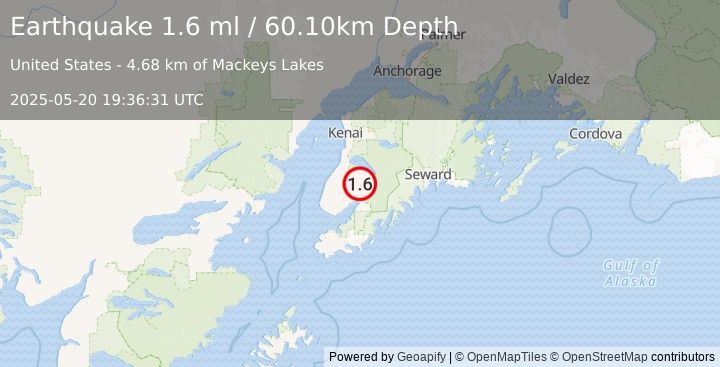 Earthquake 15 km N of Fox River, Alaska (1.6 ml) (2025-05-20 19:36:31 UTC)