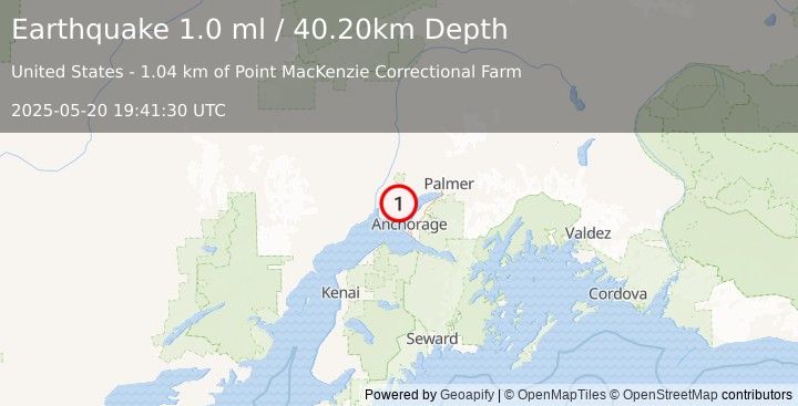 Earthquake 8 km NW of Point MacKenzie, Alaska (1.0 ml) (2025-05-20 19:41:30 UTC)