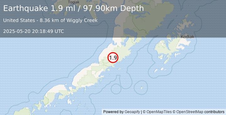 Earthquake 58 km SSW of Ugashik, Alaska (1.9 ml) (2025-05-20 20:18:49 UTC)
