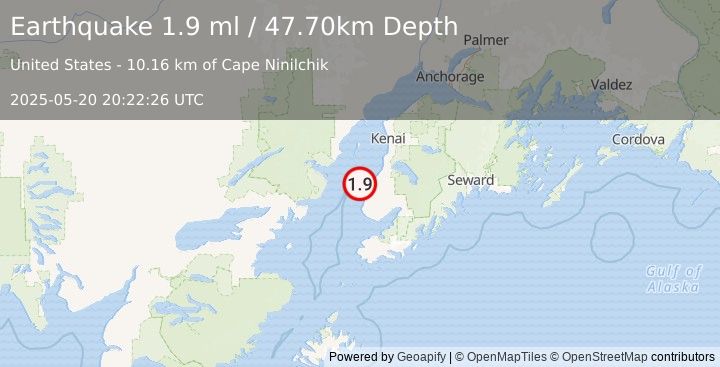 Earthquake 11 km W of Ninilchik, Alaska (1.9 ml) (2025-05-20 20:22:26 UTC)