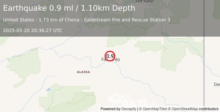 Earthquake 4 km NW of Farmers Loop, Alaska (0.9 ml) (2025-05-20 20:36:27 UTC)