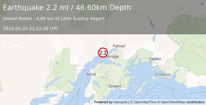 Earthquake 19 km W of Point MacKenzie, Alaska (2.2 ml) (2025-05-20 21:22:26 UTC)