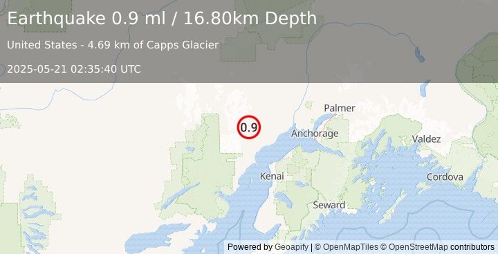 Earthquake 51 km WNW of Beluga, Alaska (0.9 ml) (2025-05-21 02:35:40 UTC)