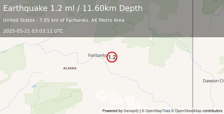 Earthquake 13 km SE of Pleasant Valley, Alaska (1.2 ml) (2025-05-21 03:03:11 UTC)