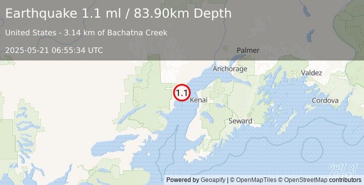 Earthquake 37 km WNW of Salamatof, Alaska (1.1 ml) (2025-05-21 06:55:34 UTC)