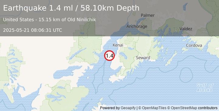 Earthquake 17 km NW of Ninilchik, Alaska (1.4 ml) (2025-05-21 08:06:31 UTC)