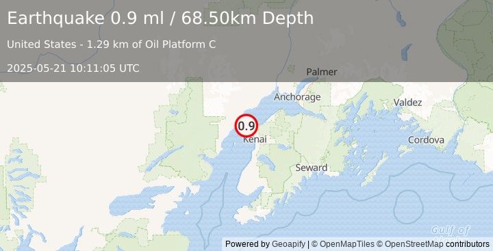 Earthquake 15 km WNW of Nikiski, Alaska (0.9 ml) (2025-05-21 10:11:05 UTC)