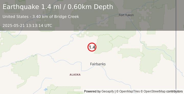 Earthquake 17 km ESE of Livengood, Alaska (1.4 ml) (2025-05-21 13:13:14 UTC)