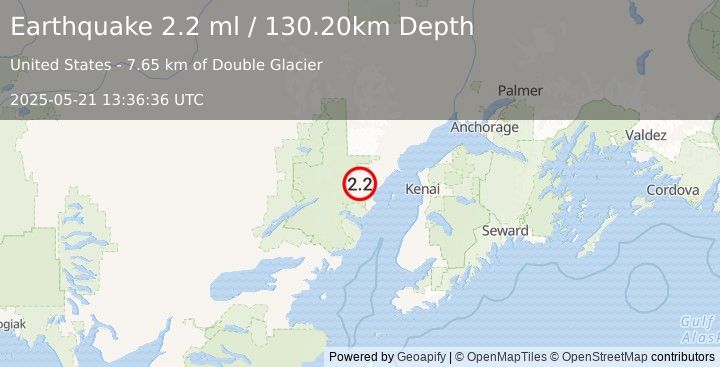 Earthquake 71 km W of Salamatof, Alaska (2.2 ml) (2025-05-21 13:36:36 UTC)