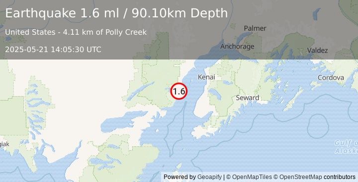 Earthquake 49 km WNW of Ninilchik, Alaska (1.6 ml) (2025-05-21 14:05:30 UTC)
