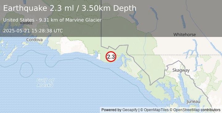 Earthquake 54 km NW of Yakutat, Alaska (2.3 ml) (2025-05-21 15:28:38 UTC)