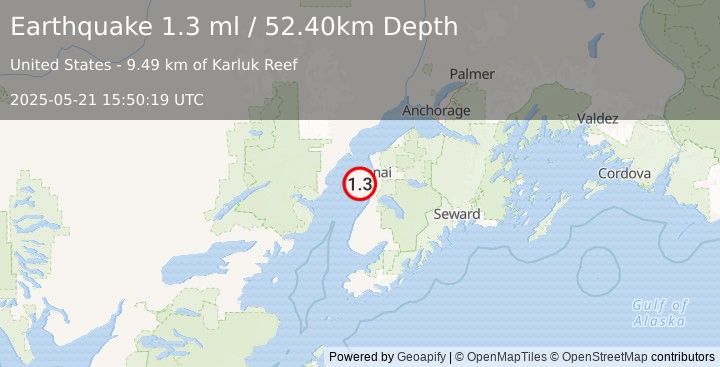 Earthquake 15 km W of Kalifornsky, Alaska (1.3 ml) (2025-05-21 15:50:19 UTC)