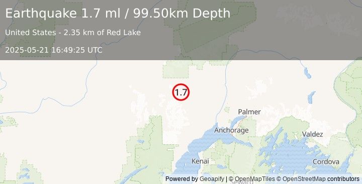 Earthquake 36 km W of Skwentna, Alaska (1.7 ml) (2025-05-21 16:49:25 UTC)