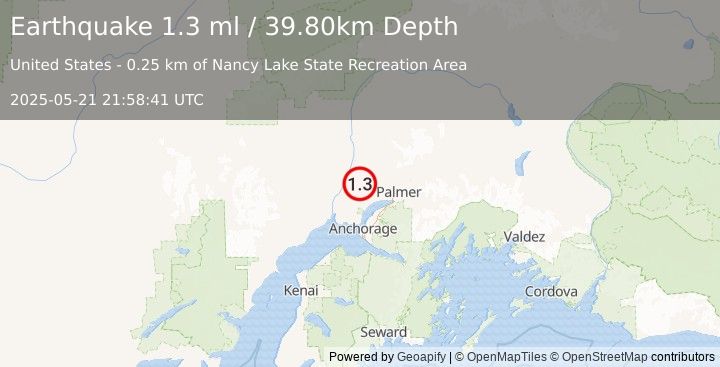 Earthquake 8 km SSE of Willow, Alaska (1.3 ml) (2025-05-21 21:58:41 UTC)