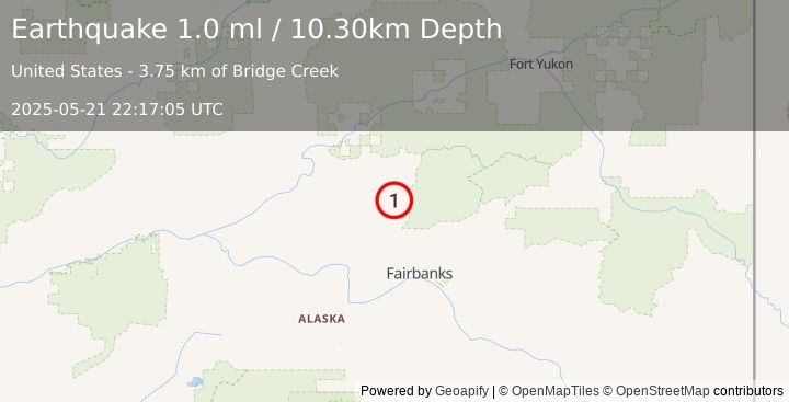 Earthquake 17 km ESE of Livengood, Alaska (1.0 ml) (2025-05-21 22:17:05 UTC)