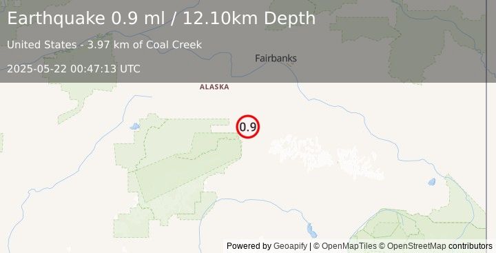 Earthquake 18 km ENE of Healy, Alaska (0.9 ml) (2025-05-22 00:47:13 UTC)