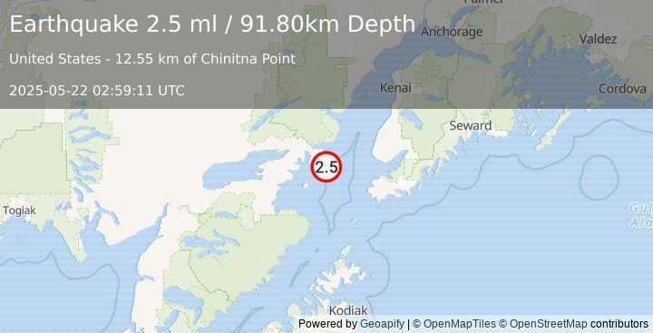 Earthquake 63 km WNW of Nanwalek, Alaska (2.5 ml) (2025-05-22 02:59:11 UTC)