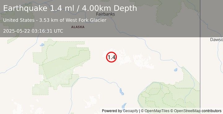 Earthquake 83 km E of Cantwell, Alaska (1.4 ml) (2025-05-22 03:16:31 UTC)